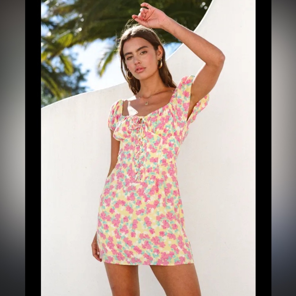 Sabo Skirt Meena Floral Lace-Up Dress in Pink and Yellow